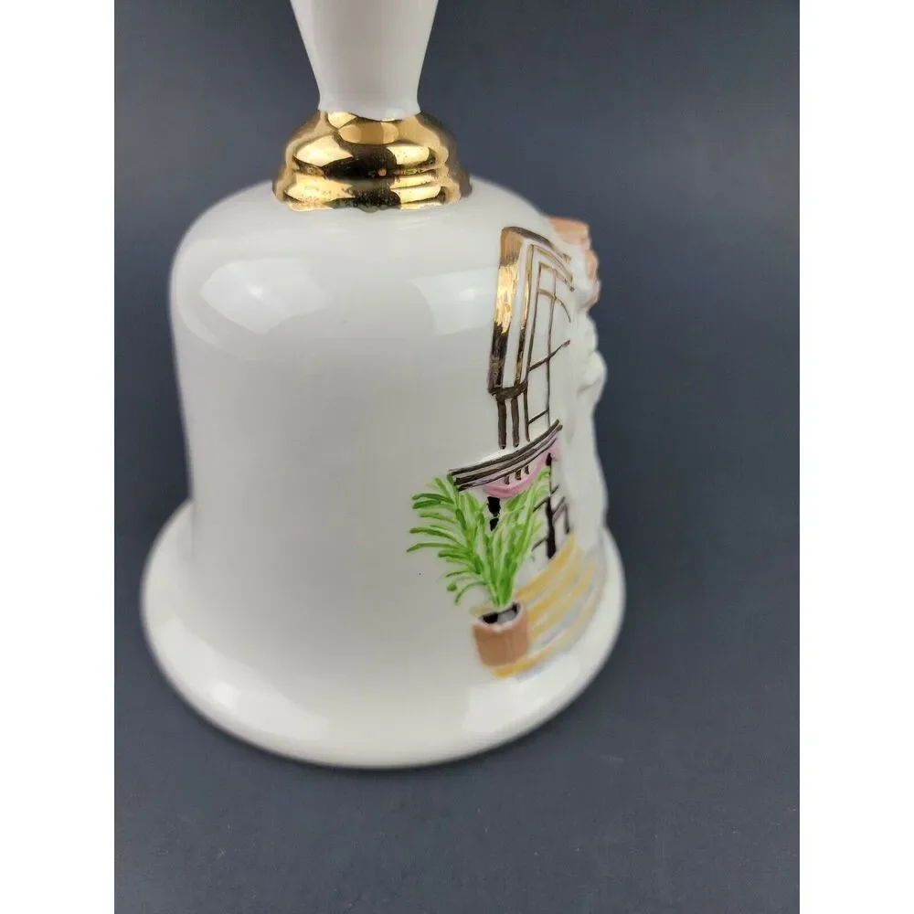 Vintage Wedding Bell Bride Groom Artisan Ceramic Porcelain Gold Trim Clapper